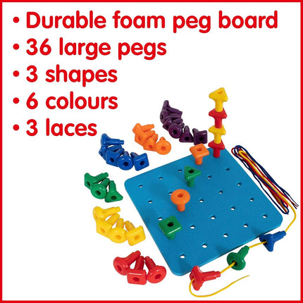 edxeducation Geo Pegs and Peg Board Set | 36 Pegs in 3 Shapes and 6 Colours + 3 Laces | Ages 18m+ | Homeschooling Supplies for Preschool Activities