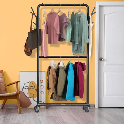 Simple Houseware 100-cm Double Rod Clothes Rack with Wheels, Hooks & Shelf