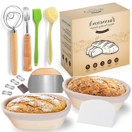 Cestas Banneton para fermentar pan y accesorios para hornear - Kit de masa madre ovalado de 10", juego de 2, 6 accesorios