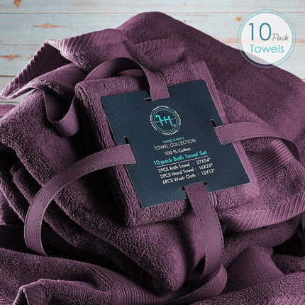 Hearth & Harbor 100% Ring Spun Cotton Bath Towels for bathroom - Luxury Bathroom Towels - Soft & Highly Absorbent Bath Towels Set, 10 Piece Set (2 Bath Towels, 2 Hand Towels, 6 Washcloths) - Purple