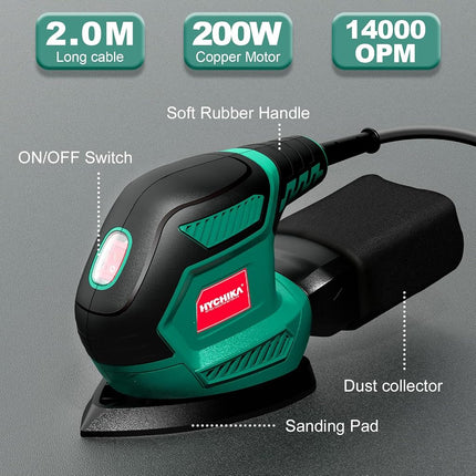 Detail Sander, HYCHIKA 200W 14000OPM Detail Sander with Efficient Dust Collection System, 12PCS Sandpapers, Hand Sanders for Woodworking Tight Space Sanding Home Decoration DIY Tools
