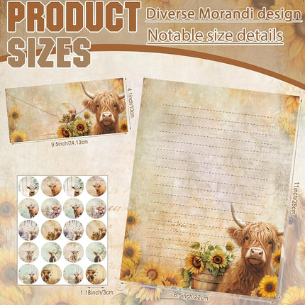 TaoBary 160 Pcs Floral Highland Cow Stationery Paper and Envelopes Set