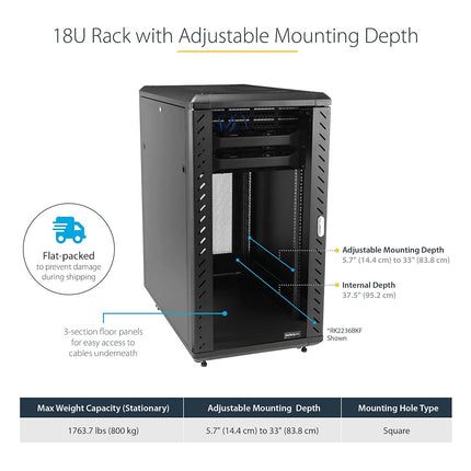 StarTech.com 18U 19" Server Rack Cabinet - 4 Post Adjustable Depth (6-32") Locking Knock Down Network/Computer Equipment Enclosure - Mobile w/Glass Door & Casters - HP ProLiant ThinkServer (RK1836BKF)