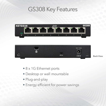 NETGEAR 8-Port Gigabit Ethernet Unmanaged Switch (GS308) - Home Network Hub, Office Ethernet Splitter, Plug-and-Play, Fanless Metal Housing, Desktop or Wall Mount