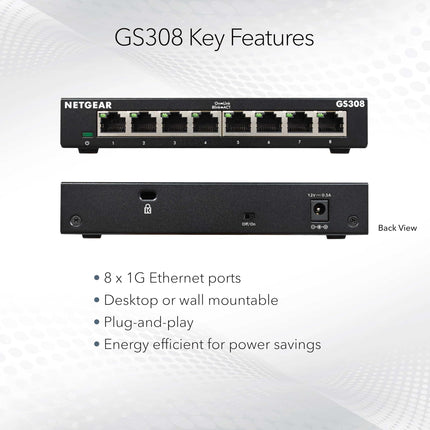 NETGEAR 8-Port Gigabit Ethernet Unmanaged Switch (GS308) - Home Network Hub, Office Ethernet Splitter, Plug-and-Play, Fanless Metal Housing, Desktop or Wall Mount