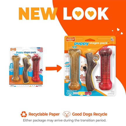 Nylabone Puppy Stages Dog Chew Toy Pack - Puppy Chew Toys for Teething and Chewing - Puppy Supplies - Chicken, Maple Bacon, and Beef Jerky Flavors, Medium/Wolf (3 Count)