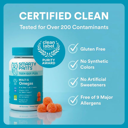 SmartyPants Teen Guy Multivitamin Gummies - Improved Formula: Omega 3 (DHA/EPA), Vitamin D3, C, Vitamin B12, B6, A, K & Zinc, Folate, Gluten Free, Fruit Flavor, 60 Count (30 Day Supply)