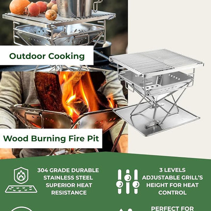 CAMPINGMOON Portable Charcoal Grill 9.65 Inch Stainless Steel Tabletop Grill Fire Pit 3 Level Adjustable Height Grill for Camping Outdoor Cooking Barbecue Carry Bag X-MINI-PRO