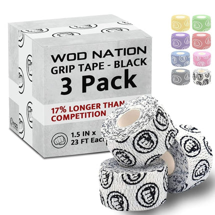 WOD Nation Weightlifting Hook Grip Tape - 3 Pack 23 Feet Long Sticky, Comfortable, Strechy Athletic Tape for Weight Lifting - Thumb, Hand & Finger Protection - White