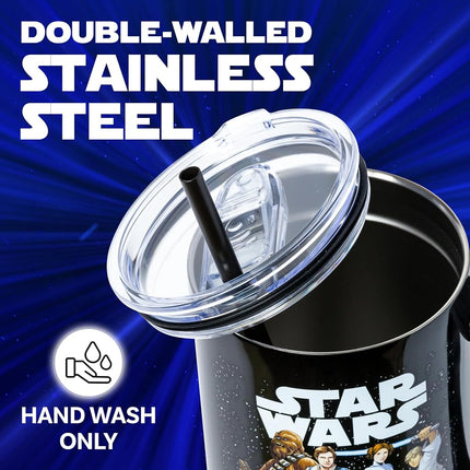 Silver Buffalo Star Wars Stainless Steel Tumbler with Handle and Straw - Chewbacca Yoda R2-D2 C-3PO Princess Leia Han Solo Luke Skywalker Fits in Standard Cup Holders 40oz
