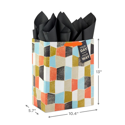 Hallmark 13" Large Gift Bag with Tissue Paper and Gift Tag (Your Day Your Way Orange, Black, Blue, Green) for Birthdays, Father's Day, Graduations, Retirements