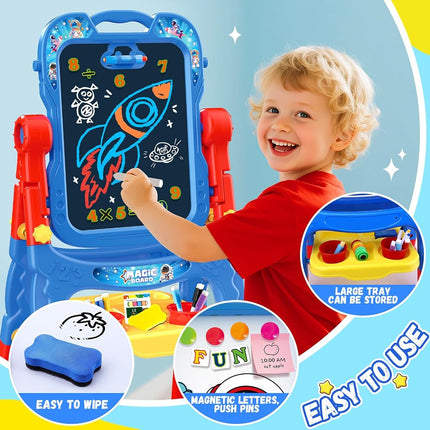 Art Easel for Kids - Adjustable Double-Sided Rotatable Magnetic White Board with Painting Accessories, Preschool Learning Toy for Boys 3-5 Years Old (Blue)