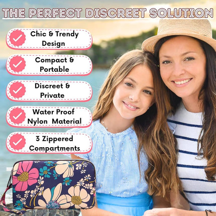 First Period Pal Pack to-Go Kit | 26 pcs | First Period Kit for Girls 9-12 | Period Bags for Teen Girls for School | Discrete Period Bag, Pads, Panty Liners, Period Kits for Girls 10-12 - Flowers