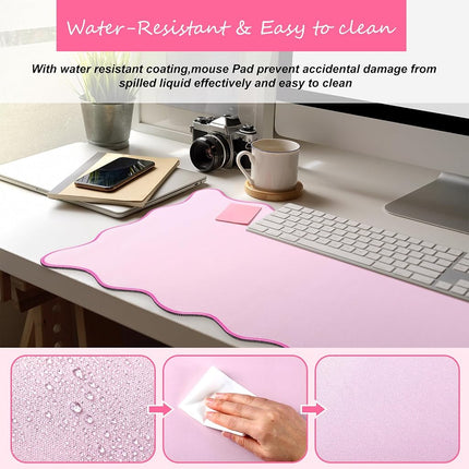 Hahafelt Scalloped Desk Mat Large Scalloped Piping Cute Desk Mat Aesthetic Preppy Table Pad Large Nonslip Pad with Edge Stitching Waterproof Gaming(Pink,36 x 17 Inches)
