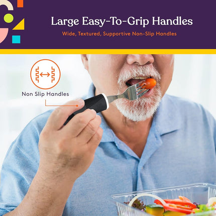 (Black) - Adaptive Utensils (4-Piece Kitchen Set) Wide, Non-Weighted, Non-Slip Handles for Hand Tremors, Arthritis, Parkinson's or Elderly use Stainless Steel Knife, Fork, Spoons - Black