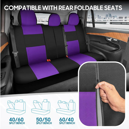 BDK PolyPro Car Seat Covers Full Set in Purple on Black, Front and Rear Split Bench Seat Covers for Cars, Easy to Install Car Seats Cover Set and Accessories for Auto Trucks Van SUV - Purple