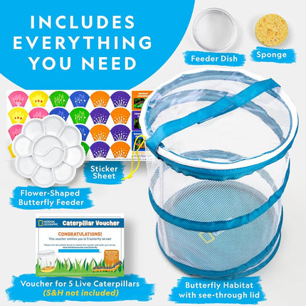 Kit d'élevage de papillons NATIONAL GEOGRAPHIC – Kit d'habitat de papillons avec bon pour échanger 5 chenilles (10,95 $ de frais de port non inclus), cage à papillons, mangeoire (exclusivité Amazon)