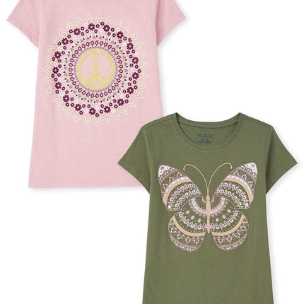 Lot de 2 T-shirts à Manches Courtes Imprimés Fille The Children's Place, Motif Peace and Love/Papillon, Taille XL