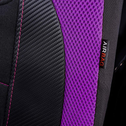 Flying Banner car seat Covers Quality Carbon Fiber Air Mesh Fabric Sport Low High Back Bucket Back Pocket Arm Rest (2 Fronts - Low Bucket, Purple)
