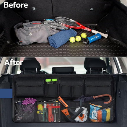 Organizador de Maletero para Coche Tecfino con Tapa, Compatible con SUV/Camioneta, Gran Capacidad, 6 Bolsillos y 3 Bolsas de Malla