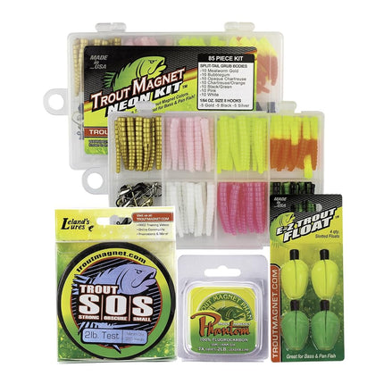 Kit de equipo de pesca de trucha Trout Magnet - Paquete Ultimate Neon - Juego de señuelos grub de 85 piezas con cebo de neón y anzuelos, carrete de sedal Trout S.O.S. de 350 yardas, sedal de fluorocarbono Phantom Leader, 4 flotadores E-ZTrout