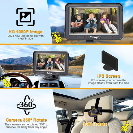 Yakry Baby Car Camera for Backseat - HD 1080P, 170° Wide Angle, Night Vision, 360° Rotation, Safe for Babies, Easy Install, Rear-Facing Baby Car Mirror for Parents