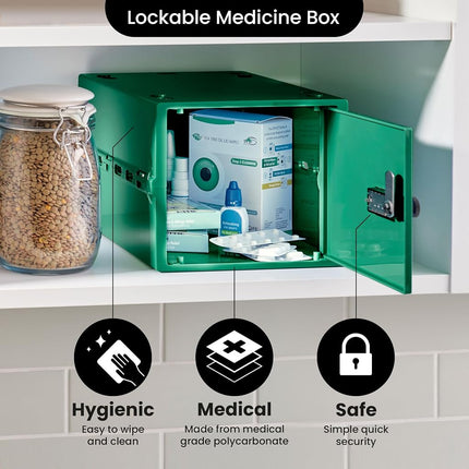 Lockabox One™ - Premium Lockable Medicine Box with Combination Lock, Secure Storage for Medication & Tablets, Fridge Safe, Made in Britain, 31 x 21 x 17 cm (Medi Green)