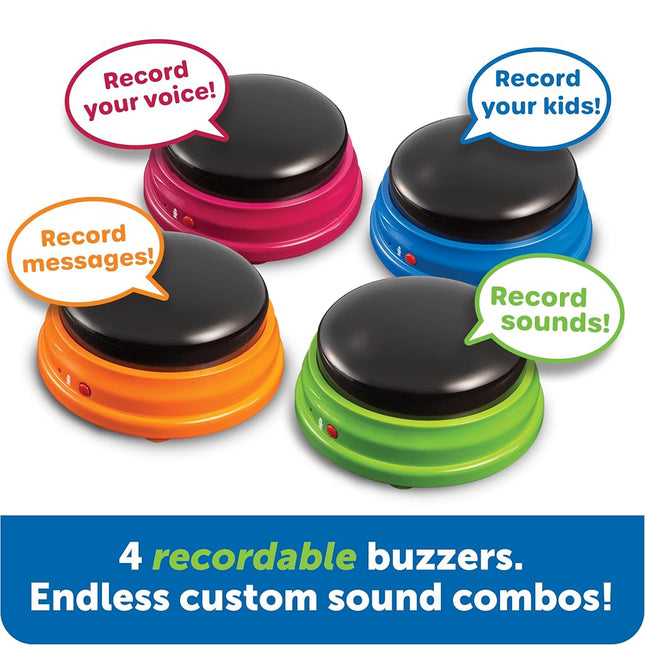 Learning Resources Recordable Answer Buzzers – Set of 4, Ages 3+, Game Show Buzzers, Recordable Buttons, Personalised Sound Toy, Family Game Night