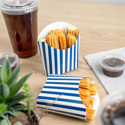 Restaurantware-Bio Tek 4.5 x 3.2 x 3.9 Inch French Fry Cup, 100 Disposable Snack Cups - Stackable, Sustainable, Blue and White Paper 3 Ounce Fry Holder, for Fries, Onion Rings, Popcorn, or Cookies