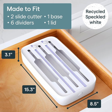 YouCopia Drawer Foil, Plastic Wrap, Parchment and Wax Paper with Safety Cutters and Labels for Kitchen Organization, 3-in-1, Speckled White