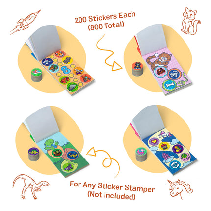 Melissa & Doug Sticker WOW! Mini bloc de actividades y pegatinas de recambio, paquete de 4: Dino, mascotas, cosas favoritas, paquete sorpresa, 200 pegatinas cada uno (800 en total) para cualquier aplicador de pegatinas (no incluido)