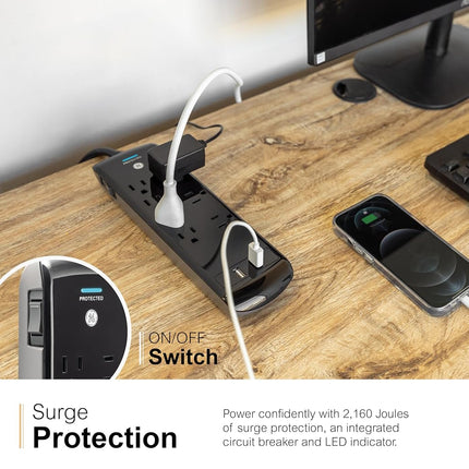 GE, Black, Strip Surge Protector Charger, 7 Outlets, 2 USB Ports, Fast Charge, Flat Plug, Long Power Cord, 3 Feet, Wall Mount, Warranty, 37054, 3 Ft
