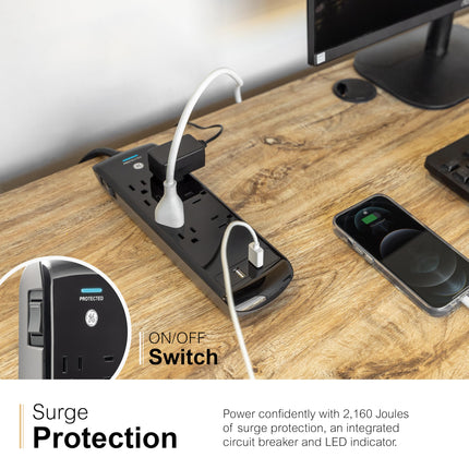 GE, Black, Strip Surge Protector Charger, 7 Outlets, 2 USB Ports, Fast Charge, Flat Plug, Long Power Cord, 3 Feet, Wall Mount, Warranty, 37054, 3 Ft