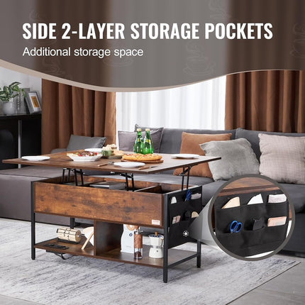 VEVOR Lift Top Coffee Table, 39.4 in Rectangle Coffee Table with Extra Storage Pockets, Flipable Coffee Table with Power Strip & USB & Ambient Lighting for Living Room, Brown