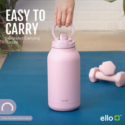 Bouteille d'eau réutilisable en acier inoxydable à isolation sous vide Ello Hydra de 1,9 L (64 oz) avec couvercle verrouillable anti-fuite et paille en silicone souple, garde au froid toute la journée, Mauve