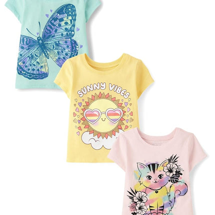 The Children's Place Baby Girls' and Toddler Unicorns,Butterflies,Trends Short Sleeve Graphic T-Shirts,3 Pack, Sun/Cat/Butterfly, 18-24 Months