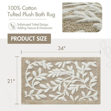 Madison Park Serene 100% Cotton Tufted Bathroom Rug - High & Low Tufting Floral Leaf Design, Quality Luxurious Plush Medium Pile Bath Mat Absorbent, Quick Dry, Shower Room D�cor, 21x34 Taupe