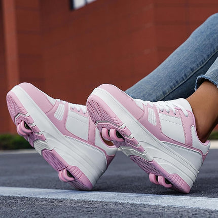 ANEFUN Roller Skate Shoes for Kids Girls Boys Detachable Wheeled Fashion Sneakers White Pink