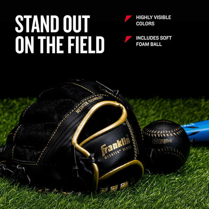 Franklin Sports Kids Baseball Gloves - Meshtek Child's Tball Glove + Ball Set - Boys + Girls Teeball Mitt Set - Kids + Toddler - Right Hand Throw - 9.5", Black/Gold