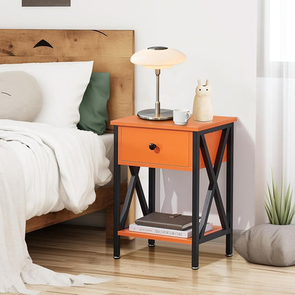 VECELO Nightstands Set of 2, Modern Bedside End Tables, Night Stands with Drawer and Storage Shelf for Living Room Bedroom, Industrial Metal Frame, Orange