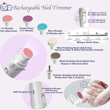 Royal Angels Rechargeable Baby Nail Clippers 20 in 1, Safe Electric Nail Trimmer, Baby Nail Kit, Additional Replacements, Newborn Toddler Toes and Fingernails, Trim and Polish (Rechargeable, Snow)