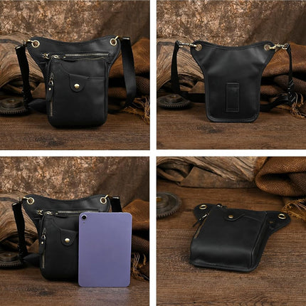 Le'aokuu Mens Genuine Leather Messenger Shoulder Bag Waist Bag Pack Drop Leg Bag Motorcycle