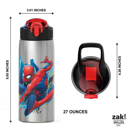 Zak Designs 27oz Marvel 18/8 Single Wall Stainless Steel Water Bottle with Flip-up Straw Spout and Locking Spout Cover, Durable Cup for Sports or Travel (27oz, Spider-Man)