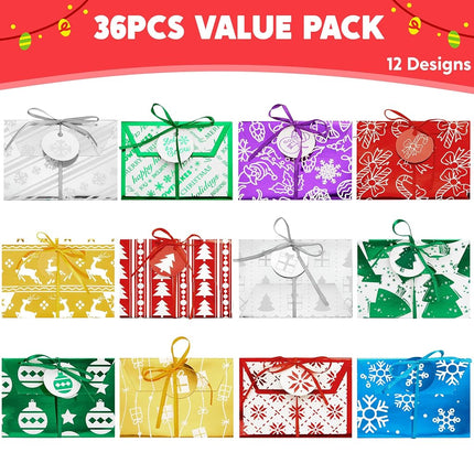 JOYIN 36PCS Christmas Fancy Foil Gift Card Boxes Holder with Ribbon, Christmas Decorative Wrapped Gift Card Money Box for Envelopes, 4.5" x 3.25" x 0.4" Xmas Party Birthday Presents Decor in 12 Design