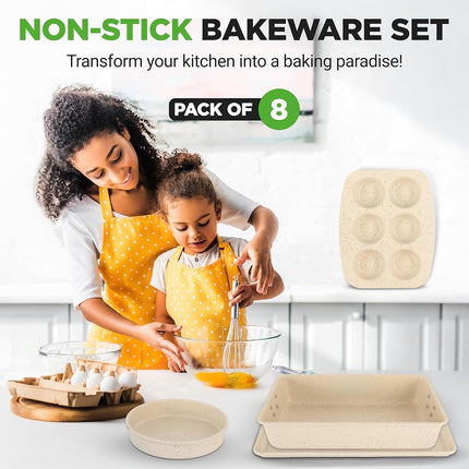 NutriChef 8-Piece Stackable Bakeware Set, Carbon Steel Non-Stick Baking Pan Set, Includes Sheet, Muffin, Round, Loaf, Square Cake & Deep Pans, PFOA & PFOS Free, Oven Safe to 232° F (Marble Cream)