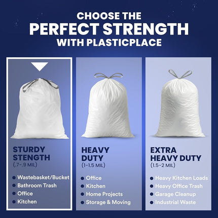 Plasticplace W8DSWHJR100 8 Gallon Trash Bags │ 0.7 Mil │ White Drawstring Garbage Can Liners │ 22" x 22" (100 Count)