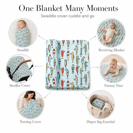 Mud Pie Kids Fishing Muslin Swaddle Blanket, Multi (12140058)