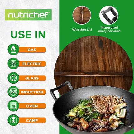 Nutrichef Pre-Seasoned Cast Iron Pan-5.5L Heavy Duty Non-Stick Chinese Wok or Stir Fry Skillet w/Wooden Lid, for Electric Stove Top, Induction, Large, Black