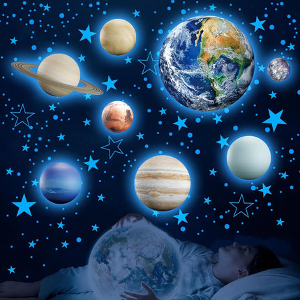 Estrellas que brillan en la oscuridad, pegatinas de pared de la Tierra, pegatinas de pared del sistema solar para dormitorio, decoración de planetas para techo de cuarto de bebé (azul)
