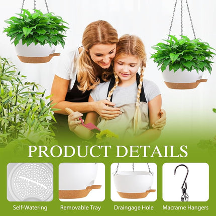 SQKH 10 Inch Hanging Baskets 2 PC with Chains, Self-Watering Hanging Planters for Indoor Outdoor Plants, Plastic Hanging Flower Pots,White Brown